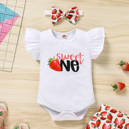 Vista 8 de Conjunto de ropa para bebé niña de 1er cumpleaños con mangas con volantes + pantalones cortos estampados + diadema para tartas