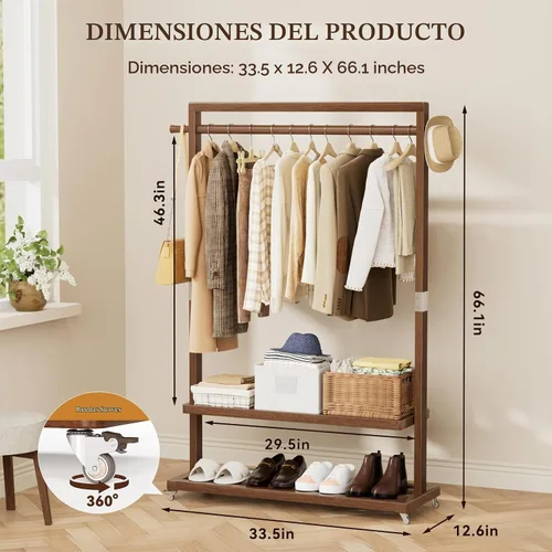 Vista 2 de Perchero de madera maciza con ruedas, 2 estantes
