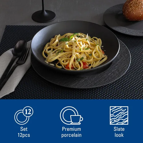 Vista 2 de Villeroy & Boch Manufacture Rock - Juego de vajilla de 12 piezas, servicio para 4, platos llanos, platos de ensalada y cuencos para pasta, porcelana