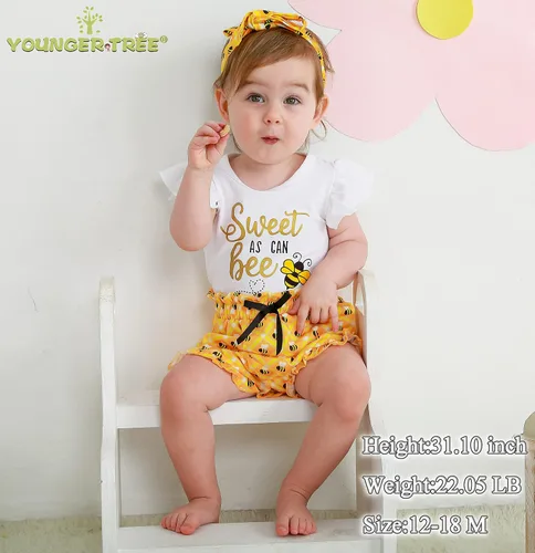 Vista 2 de YOUNGER TREE Traje de bebé niña de primer cumpleaños con estampado de abejorro de abejorro, mameluco corto con diadema de verano con mangas