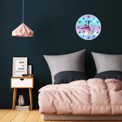 Vista 5 de Reloj de pared personalizado con escamas de sirena coloridas y estrellas de mar para habitación de niños, reloj de pared personalizado con nombre