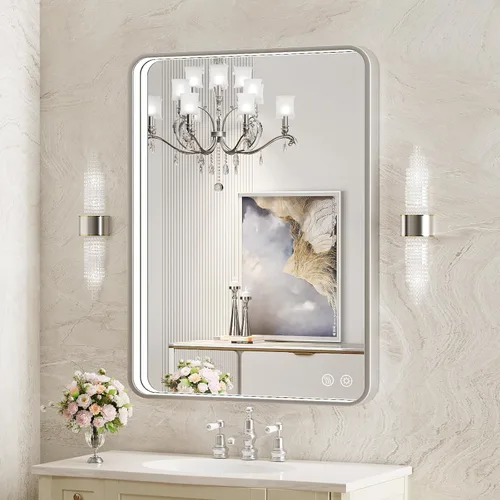 Vista 7 de Espejo Redondo Retroiluminado LED de 32 Pulgadas para Tocador, Espejo de Baño Iluminado Regulable 6000K Montado en Pared con Luces, Antivaho