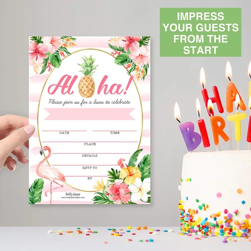 Vista 9 de Hadley Designs 25 invitaciones de fiesta en la piscina para niñas, invitaciones de cumpleaños tropicales hawaianas para niños y adultos, perfectas