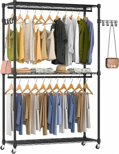Vista 9 de Perchero de Ropa Resistente, 3 Niveles de Estantes de Alambre Metálicos Ajustables, Organizador de Armario y Perchero de Almacenamiento para Colgar