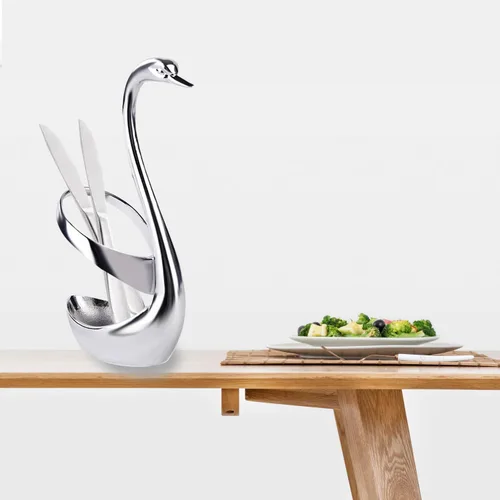 Vista 5 de Soporte de cuchara de café Swan, soporte creativo de cuchara de acero inoxidable, tenedor de comida de frutas, cuchara, cuchillo, base de cisne