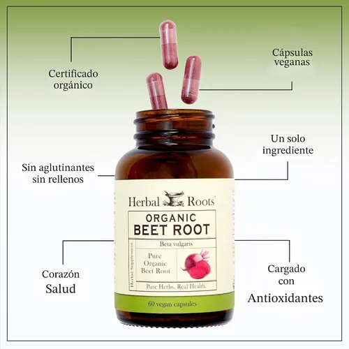 Vista 4 de Herbal Roots Cápsulas de polvo de raíz de remolacha orgánica, 1,500 mg por porción, certificado USDA orgánico, sin OMG, 60 cápsulas veganas