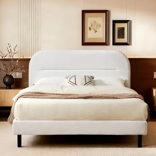 Vista 9 de Furnify Marco de cama tamaño individual, marco de cama tapizado de tela suave con cabecera ajustable, marco de cama de plataforma con esquinas Beige