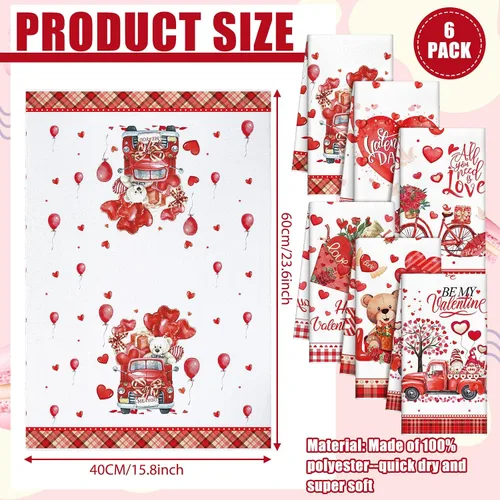 Vista 3 de Patelai 6 toallas de cocina para el día de San Valentín, corazones rojos, a cuadros, camión, té, baño, vacaciones, platos, 21.3 x 14.3 pulgadas