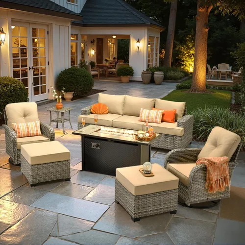 Vista 23 de HOOOWOOO Juego de muebles seccionales de patio con mesa de luz solar, 6 piezas de mimbre para exteriores, sofá en forma de L, juego de conversación