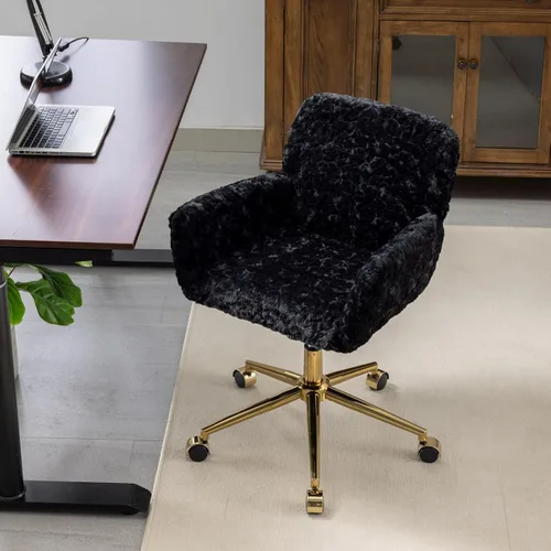 Vista 4 de HomVent Bonita silla de oficina peluda, moderna silla de piel sintética negra con ruedas y base dorada, silla giratoria ergonómica ajustable