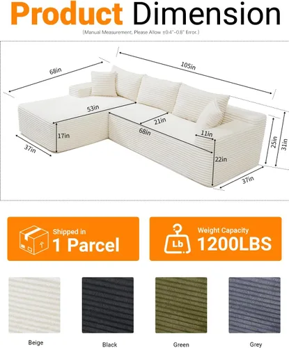 Vista 2 de Cloud Sofá modular moderno de 108 pulgadas con asiento profundo, sofás de pana sin hueso con diván en forma de L para sala de estar, no requiere
