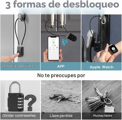 Vista 2 de Candado inteligente de cable de huellas dactilares, 6 pulgadas de largo con aplicación Bluetooth de huellas dactilares, biométrico sin llave