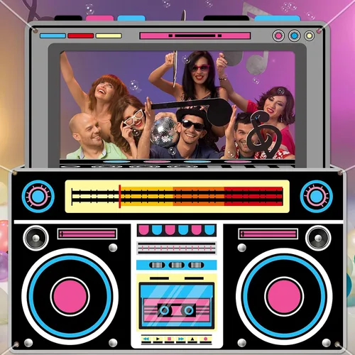 Vista 4 de Accesorios para cabina de fotos de radio para cabina de fotos retro de los 80 y 90, accesorios para cabina de fotos de boombox, pancartas de radio