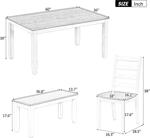 Vista 98 de Juego de mesa de comedor vintage de 6 piezas, juego de mesa de comedor de cocina de madera maciza con 4 sillas ergonómicas acolchadas y banco, mesa