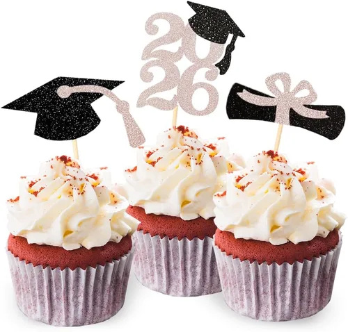 Vista 9 de Decoración para cupcakes de graduación con purpurina azul 2026, selecciones de alimentos/aperitivos, suministros de fiesta de graduación de 2026