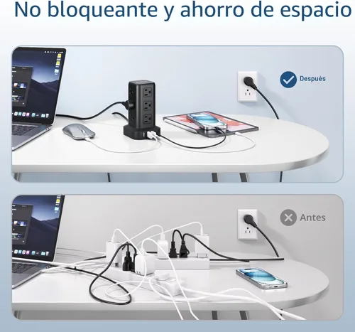 Vista 5 de AnnTane Protector de Sobretensión Regleta de Alimentación con Cable de 6.5 Pies, Regleta de Alimentación de Torre con 4 Puertos USB (1 USB C), Cable