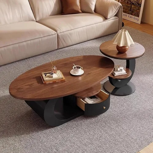 Vista 2 de Juego de mesa de centro ovalada moderna de 2 piezas, mesas de centro anidables con almacenamiento, mesa auxiliar con marco de metal, mesa de centro