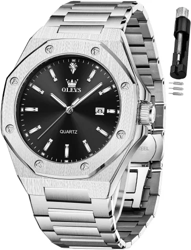 Vista 17 de OLEVS - Relojes de acero inoxidable para hombre, reloj de negocios y vestir de gran tamaño, fácil de leer, analógico, impermeable, luminoso, casual