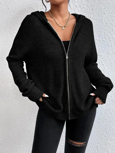 Vista 4 de SHENHE Cárdigan con capucha y cremallera para mujer, con hombros caídos, casual, suéter