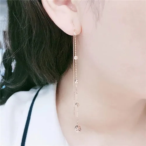 Vista 5 de SAGEKING 2024 New Classic New In 585 Purple Gold Plated 14K Rose Gold Long Simple Round Beads Earrings For Women Fashion Ear Line Party Jewelry