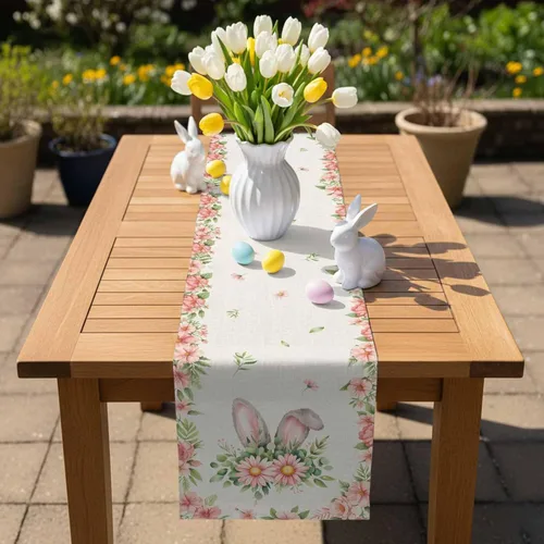 Vista 5 de Camino de mesa de Pascua de 36 pulgadas con orejas de conejo para decoración de mesa de cocina y comedor con flores de primavera