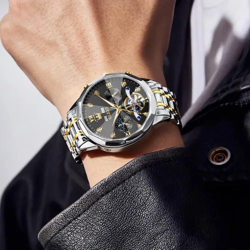 Vista 12 de OLEVS Reloj de pulsera automático con diseño de esqueleto para hombre, de lujo, con diamantes de lujo, de acero inoxidable, calendario, reloj