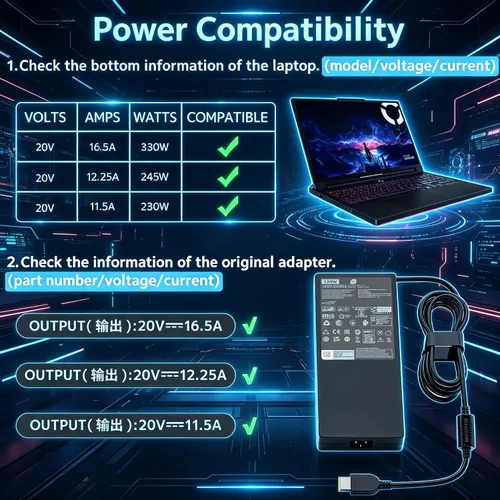 Vista 5 de Cargador de portátil para juegos GaN delgado de 330 W, apto para Lenovo Negro mate