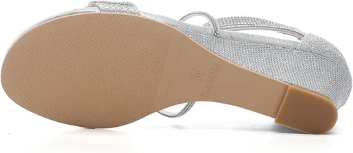Vista 8 de DADAWEN Sandalias de cuña baja con diamantes de imitación y punta abierta para mujer, con correa en el tobillo, zapatos de tacón para fiesta o boda
