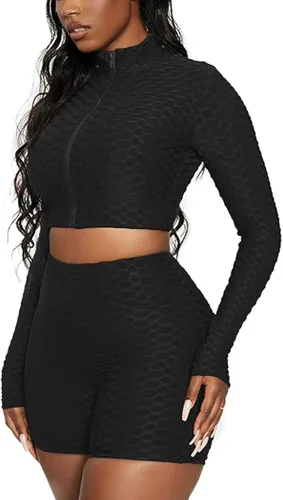 Vista 2 de Conjunto deportivo de 2 piezas para mujer, camiseta corta deportiva de manga larga y cintura alta para yoga