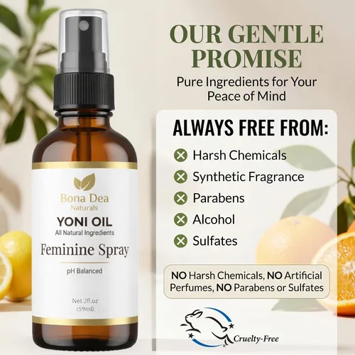 Vista 4 de Bona Dea Naturals - Aceite de Yoni hecho con árbol de té, citronela y aceites esenciales de naranja, «El aerosol femenino original totalmente