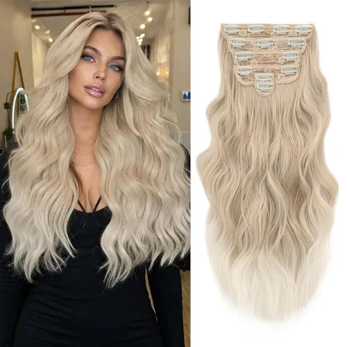 Vista 42 de NAYOO - Extensiones de cabello con clip, extensiones sintéticas onduladas de 20 pulgadas, 6 unidades Wavy Curly Hair, Full Head Coverage, Heat