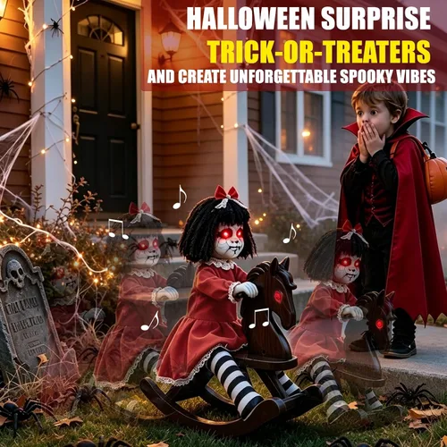 Vista 12 de Halloween Animatronic Decorations Girl Doll on Rocking Horse with Lights
