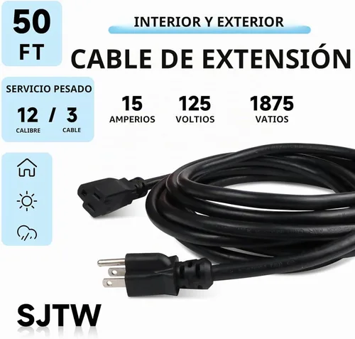 Vista 2 de EP 50 Ft Heavy Duty Outdoor Extension Cord, 12/3 SJTW Black 3-Prong Negro