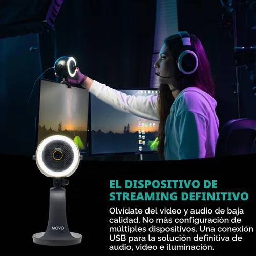 Vista 2 de Movo WebMic HD Pro - Cámara web todo en uno con micrófono y anillo de luz, cámara HD de 1080p, micrófono de condensador cardioide profesional