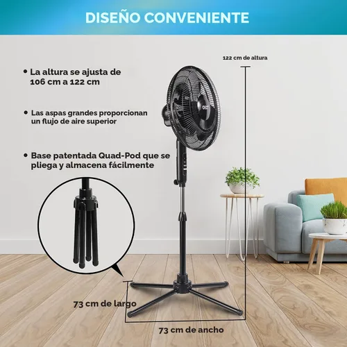 Vista 5 de Comfort Zone CZST161BTEBK Ventilador de pie oscilante de 16 pulgadas, opciones de 3 velocidades, cabezal oscilante de 90 grados, altura y Negro