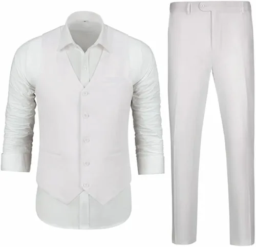 Vista 4 de Trajes de lino para hombre, 2 piezas, traje de esmoquin de graduación, playa, boda, padrino, chaleco y pantalones, conjunto casual de lino de verano