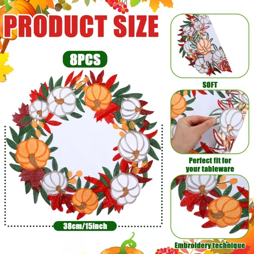 Vista 2 de Tigeen Juego de 8 manteles individuales de Acción de Gracias, redondos, de 15 pulgadas, con diseño de calabaza, hojas de arce bordadas, para otoño