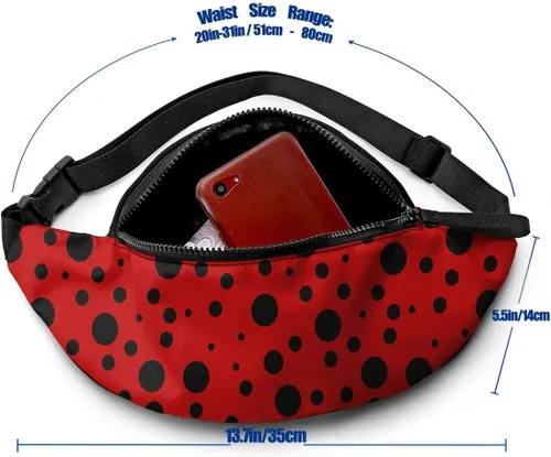 Vista 2 de Dujiea Riñonera con agujero para auriculares, bolsillo ajustable, bolsa de cadera para mujeres, hombres y niños, Lunares Mariquita