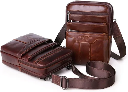 Vista 2 de Bolsa de hombro pequeña de cuero para hombre, bolsa cruzada de viaje para negocios, bolsa cruzada para teléfono, cartera para campamento, mochila