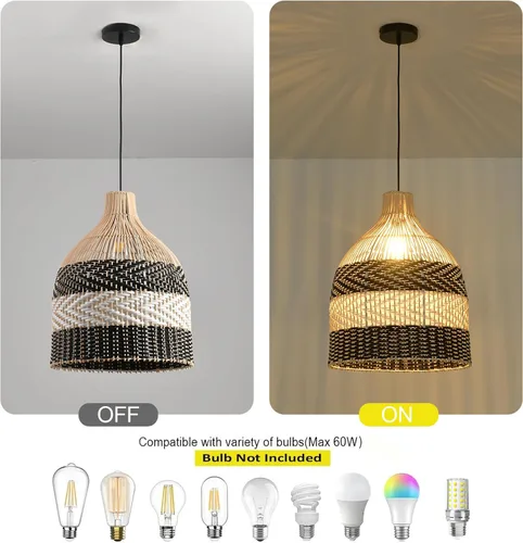 Vista 3 de Lámpara Colgante de Ratán 1 Paquete Candelabro de Cesta de Ratán Sintético Negro Blanco 11.8" Boho Tejido a Mano Ovalado de Mimbre Lámpara Colgante