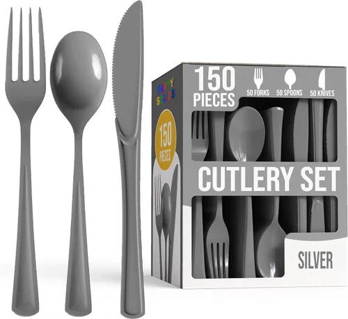 Vista 17 de Party Solids Cubiertos de plástico negro resistente, 150 piezas, cubiertos desechables negros, juegos de utensilios, 50 de cada tenedor, cuchillos