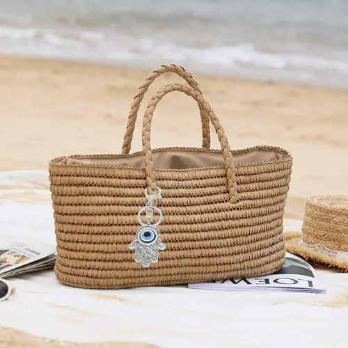 Vista 7 de QTKJ Llavero de mano Hamsa de ojo azul con dije de cristal para bolso de mano, bolso de mano, decoración de vacaciones, adorno (plata), Dorado