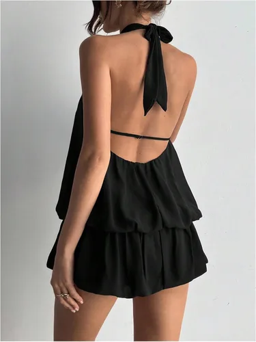 Vista 2 de Floerns Mini vestido sin mangas con volantes y dobladillo de burbujas para Negro