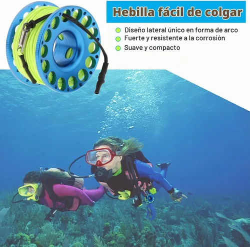 Vista 5 de Buceo con carrete de dedo, equipo de buceo de aluminio con línea de alta visibilidad de 98 pies con clip de perno de doble extremo para buceo, pesca