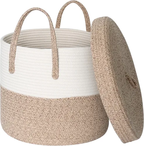 Vista 11 de Cesta grande de 15 x 13 pulgadas con tapa, cesta de almacenamiento de cuerda de algodón para manta, juguete, almohada, toalla, lavandería, sala