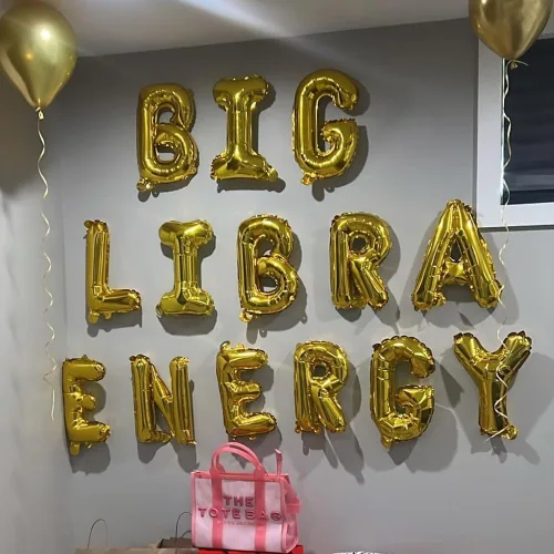 Vista 2 de Big Libra - Cartel de globos energéticos, color dorado, 16 pulgadas, 1 unidad, autosellado, acabado metálico, perfecto para fiesta de cumpleaños