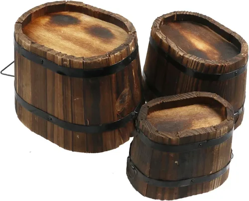 Vista 4 de MY MIRONEY - Juego de 3 macetas ovaladas de madera, tamaño pequeño, mediano y grande Cubo de madera de estilo vintage Jardín rústico maceta