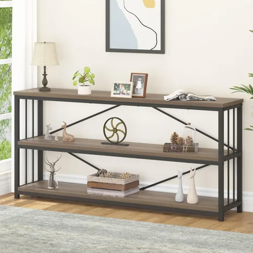 Vista 16 de LVB Mesa consola negra, mesa de entrada moderna para pasillo y sala de estar, mesa de sofá industrial detrás del sofá, mesa de entrada de madera