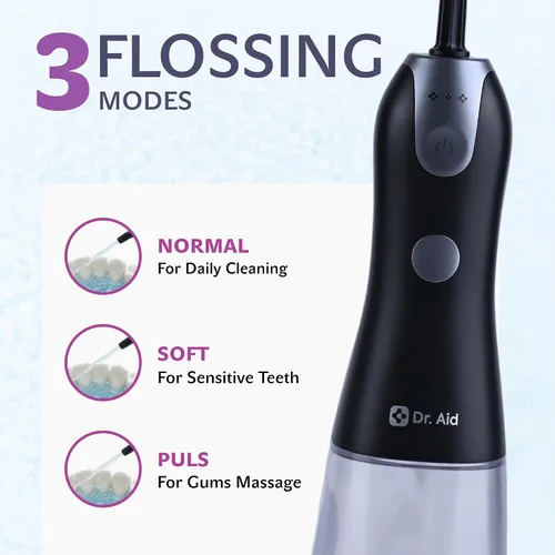 Vista 9 de Dr. Aid Irrigador de agua portátil – Irrigador oral dental para viajes con tanque de 11 onzas, filtro, 5 puntas, cargador magnético – IPX8 Negro