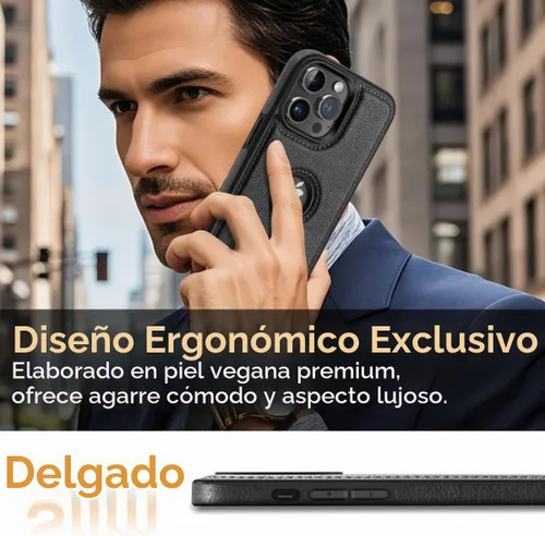 Vista 2 de Diseño compatible con iPhone 15 Pro Max, funda de cuero de lujo, vintage, delgada, antideslizante, agarre suave, a prueba de golpes, funda Negro